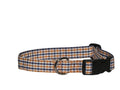 Orange and blue gingham dog collar with metal buckle and black adjustable strap