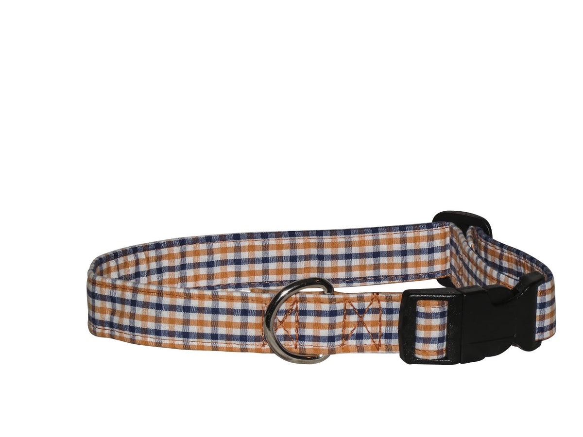 Orange and blue gingham dog collar with metal buckle and black adjustable strap