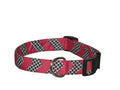 Dog collar with red and black houndstooth chevron pattern, black buckle and D-ring