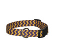 Purple and gold chevron dog collar with black buckle and metal D-ring