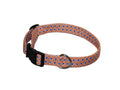 Orange and blue patterned dog collar with metal buckle and adjustable strap