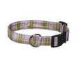 Lavender plaid silk dog collar with black buckle and metal D-ring