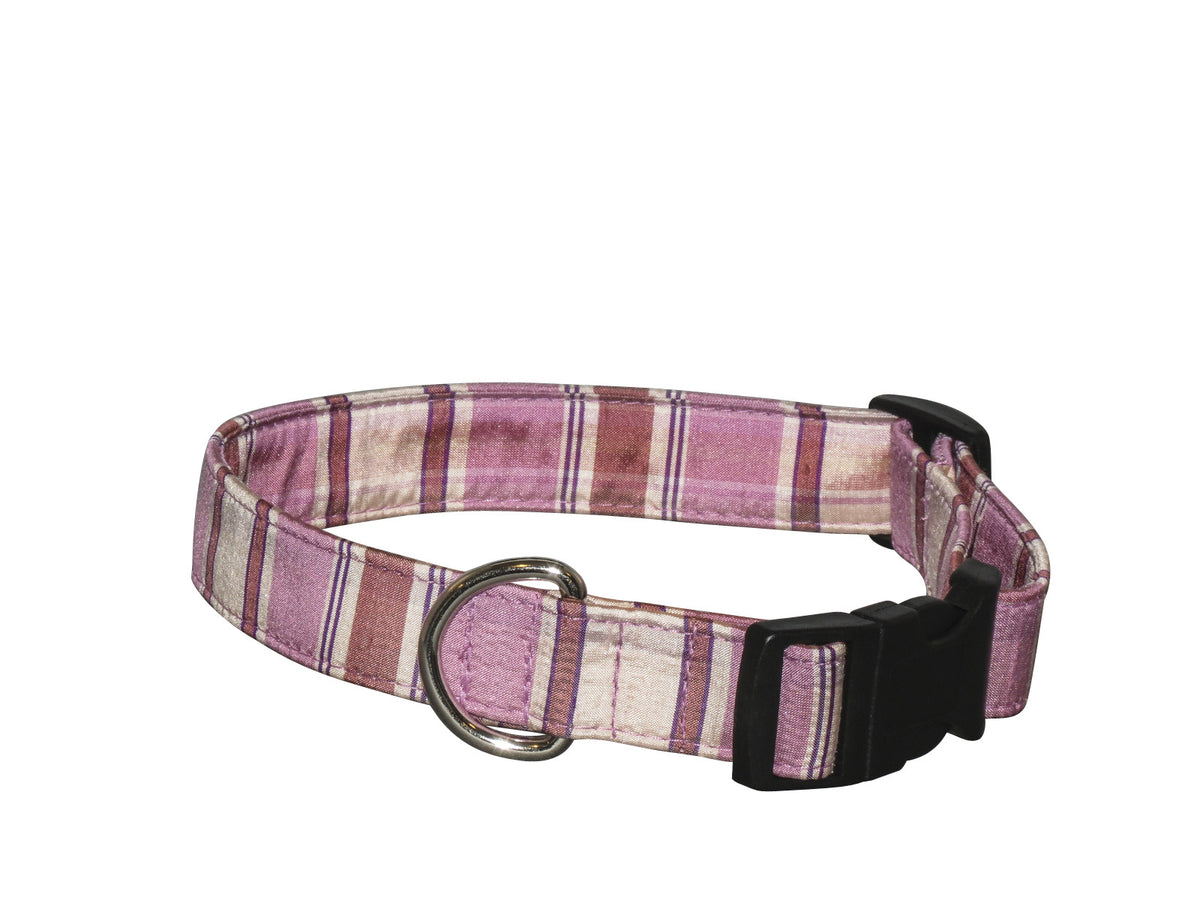 Pink plaid silk dog collar with black buckle and metal D-ring
