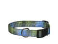 Blue and green plaid silk dog collar with metal D-ring and black buckle