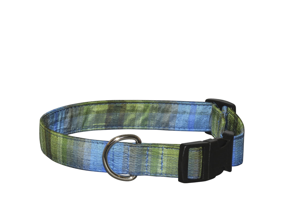 Blue and green plaid silk dog collar with metal D-ring and black buckle