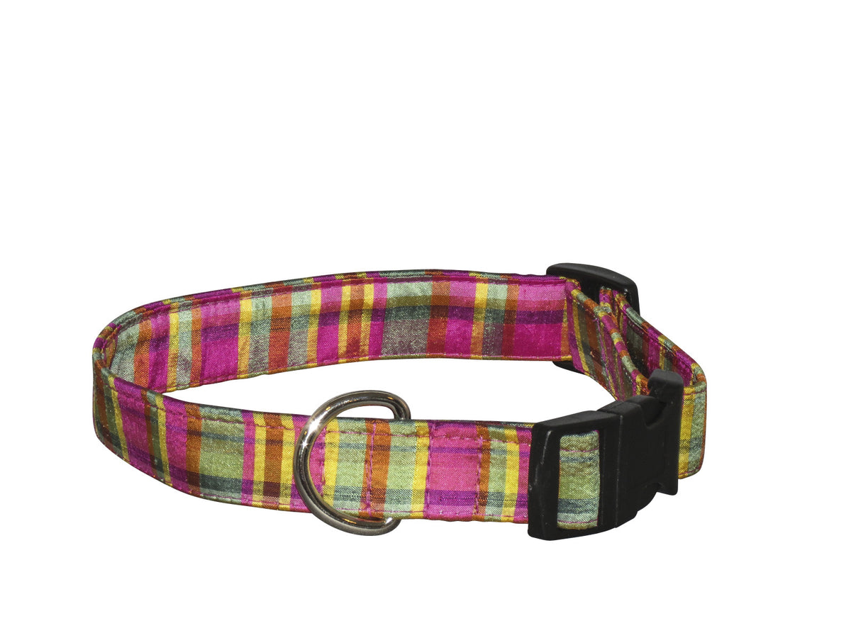 Fuchsia plaid silk dog collar with silver D-ring and black buckle