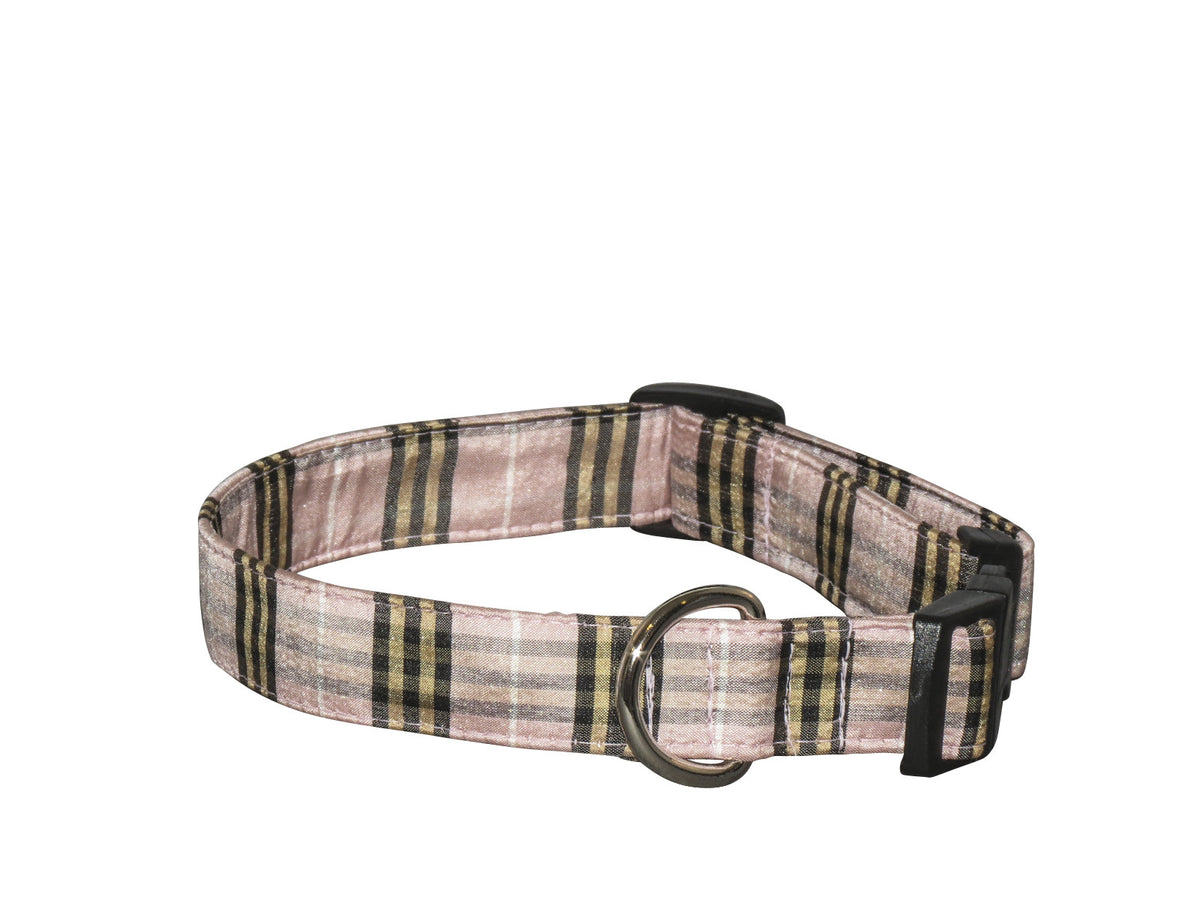 Light pink plaid silk dog collar with silver buckle and black trim
