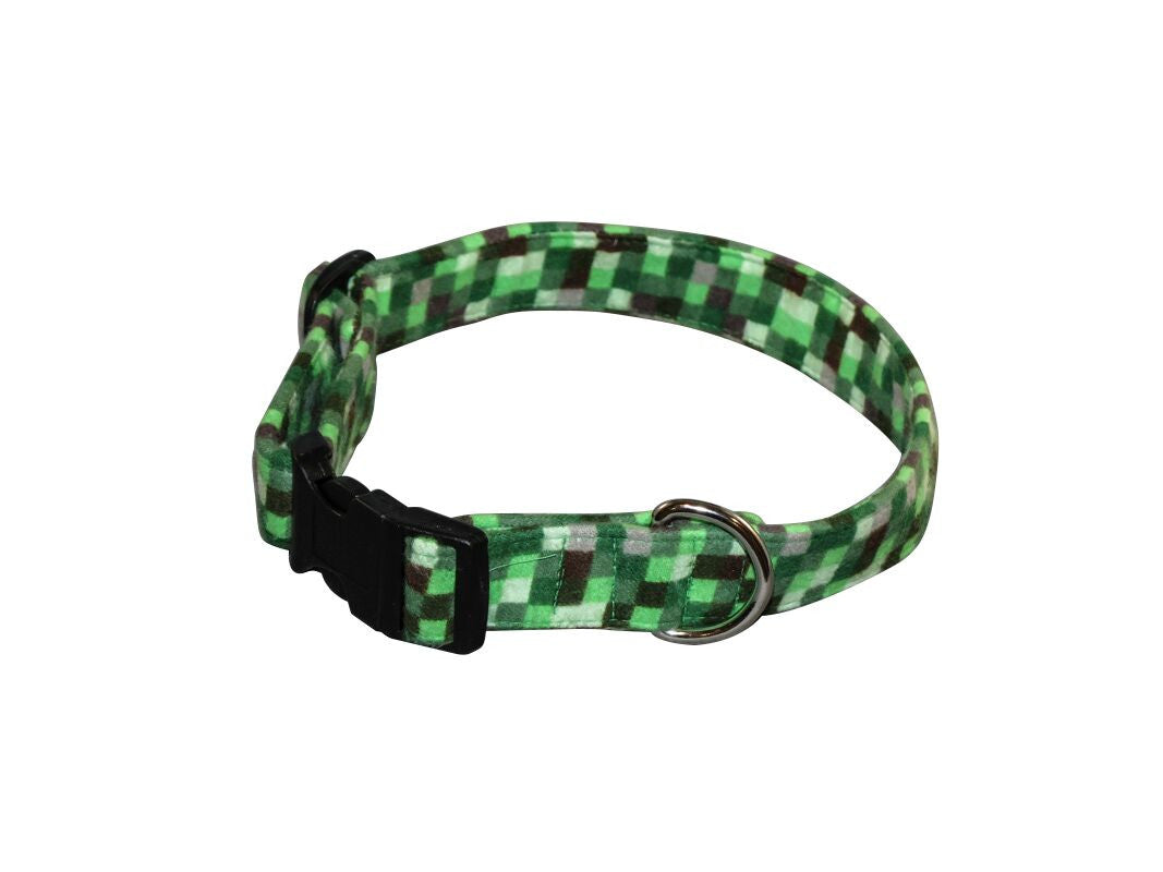 Green and black checkered dog collar with metal buckle