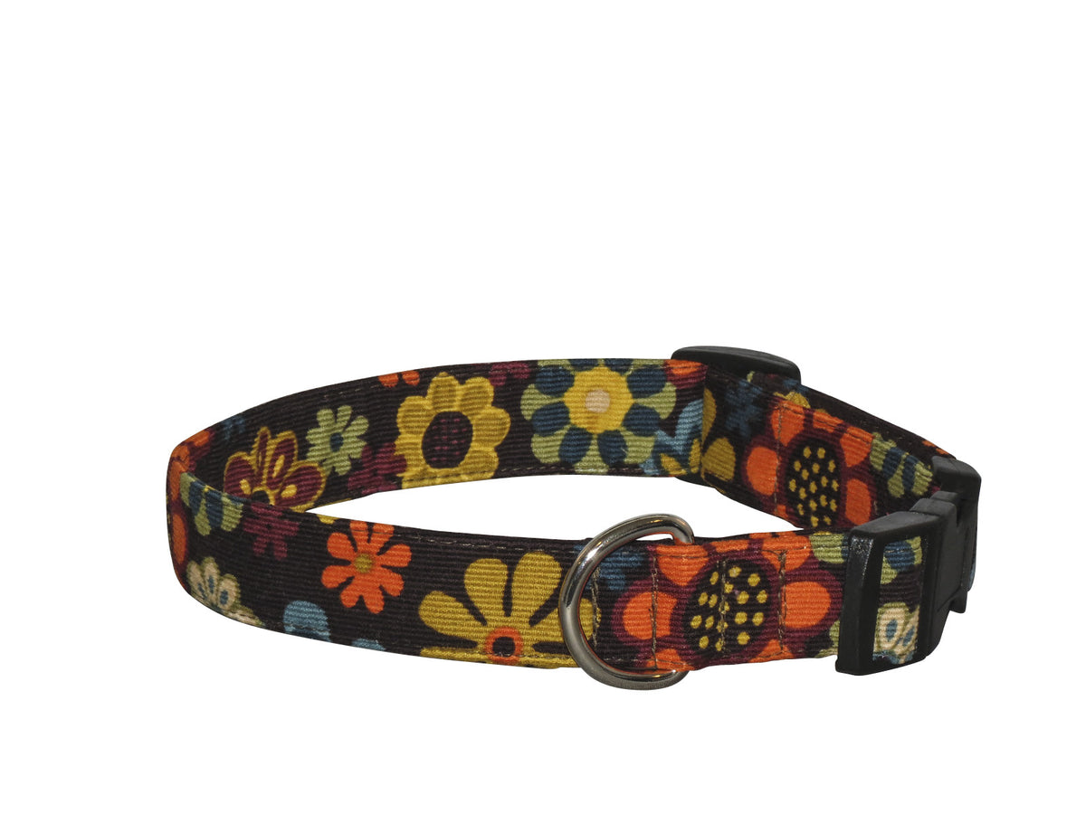 Autumn floral dog collar with multicolor flowers and metal D-ring buckle