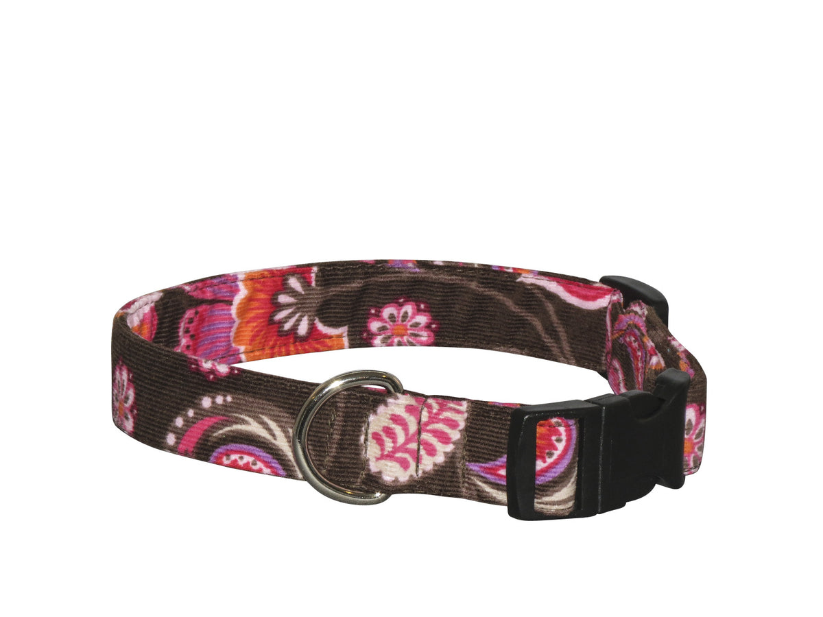 Floral dog collar with dark fabric, pink and white blossoms, and metal D-ring buckle