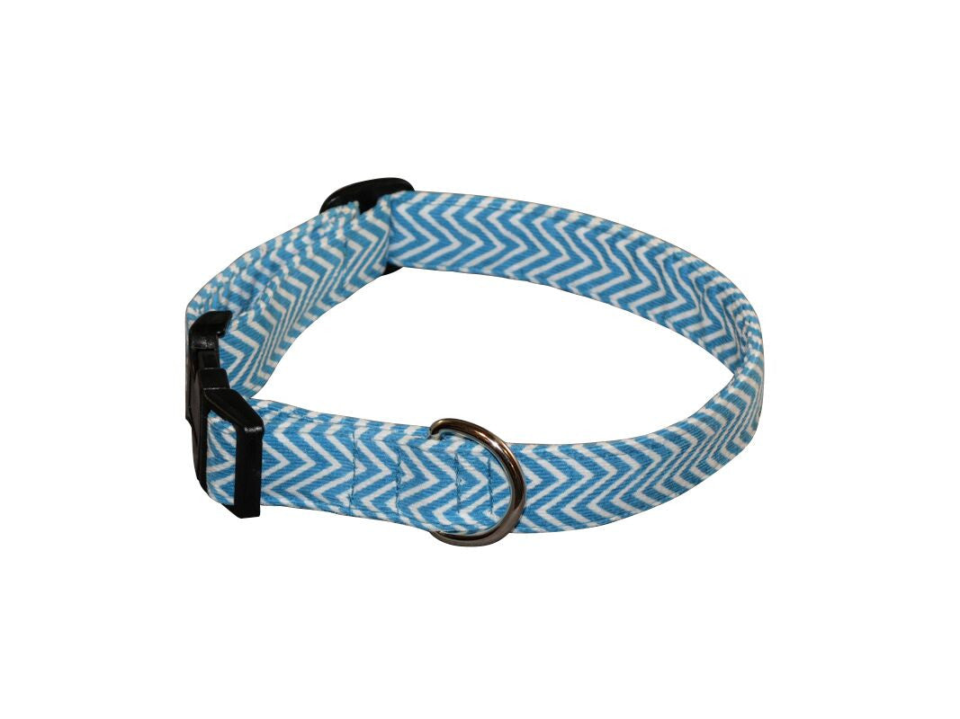 Elmo's Closet aqua chevron dog collar with black buckle and metal D-ring