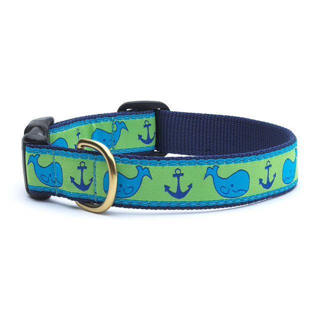 Navy dog collar with blue whale and anchor print, brass D-ring and buckle