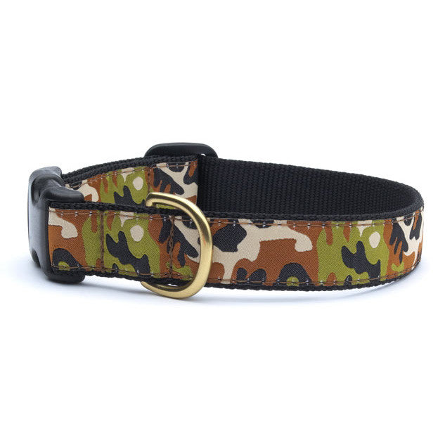 Dog collar with multicolor camo fabric and black webbing, brass D-ring hardware