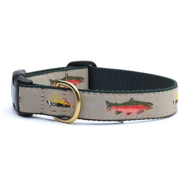 Green and khaki fly-fishing dog collar with brass buckle and trout graphic