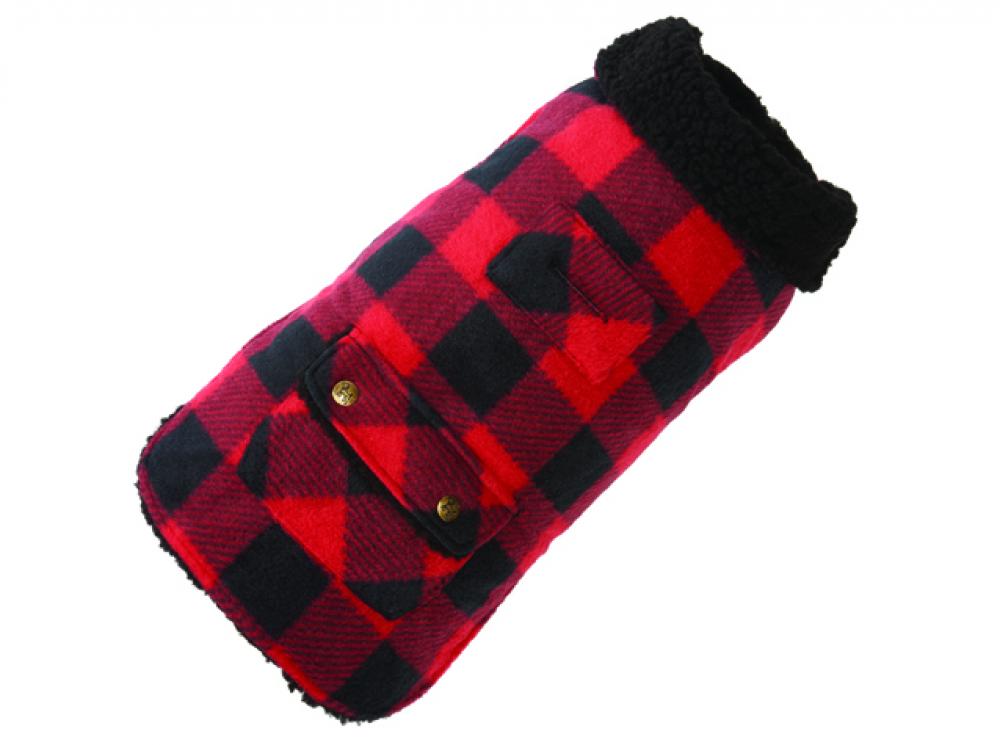 Red and black buffalo check dog coat with black fleece trim and snap buttons