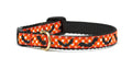 Halloween cat collar with orange and black diamond pattern, black buckle strap