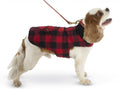 Red and black buffalo check fleece-lined dog coat with snap front and neck coverage