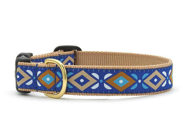 Blue aztec-pattern dog collar with tan webbing and gold buckle