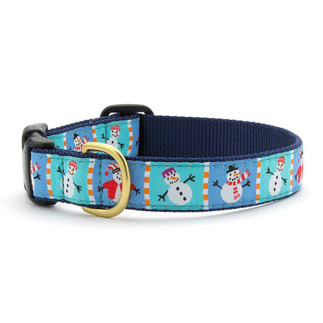 Snowman print dog collar with teal webbing and brass D-ring buckle, adjustable fit