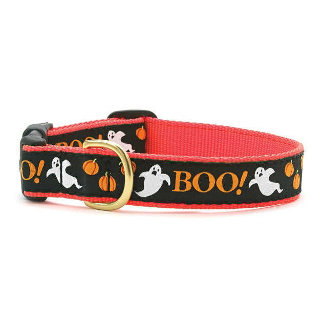 Red and black ghost dog collar with 'BOO!' print and gold buckle
