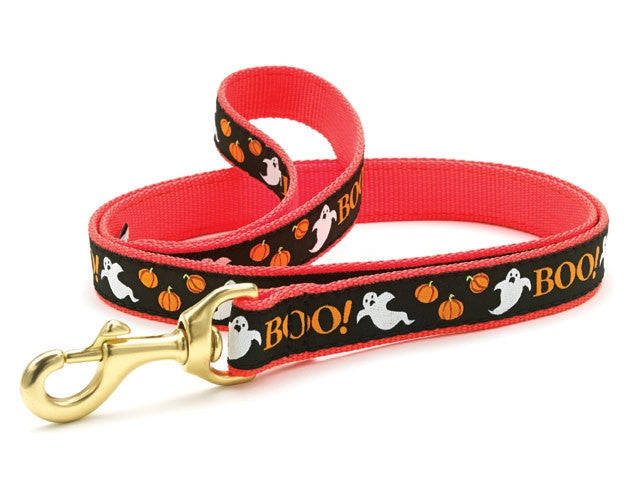 Red dog collar with black ghost 'BOO!' pattern, gold D-ring and buckle
