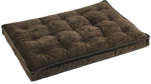 Brown quilted dog crate mattress with plush cushioned top and stitched edges