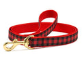 Buffalo check dog leash with red and black plaid webbing and gold metal clasp