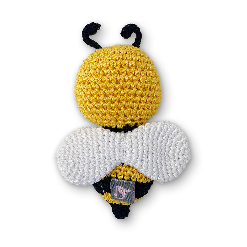 Crochet bee dog toy with yellow face, black antennae, white wings, and striped tail