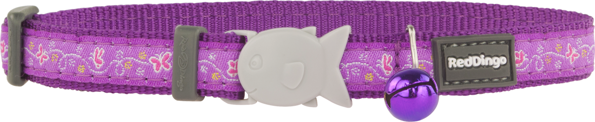 Purple designer cat safety collar with butterfly charm and breakaway buckle