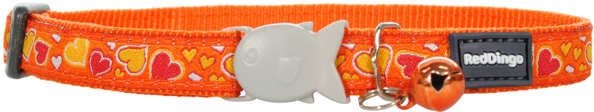 Orange designer cat safety collar with heart pattern and plastic buckle