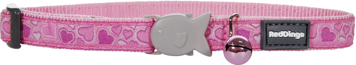 Pink cat safety collar with heart pattern, adjustable buckle and small bell detail