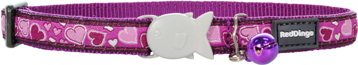 Purple cat safety collar with heart pattern and adjustable clasp, Red Dingo tag