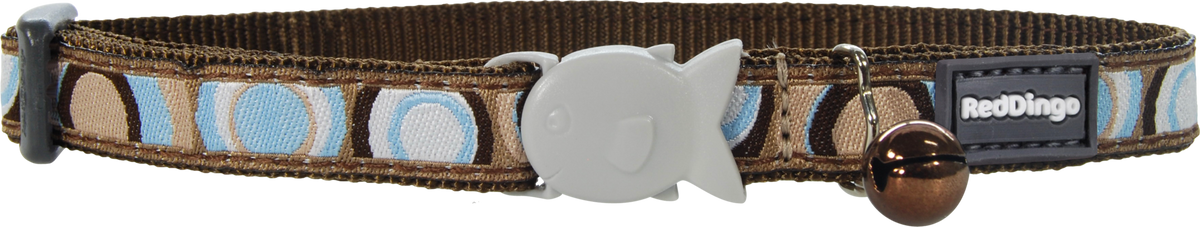 Red Dingo designer cat safety collar, brown with blue geometric pattern and bell