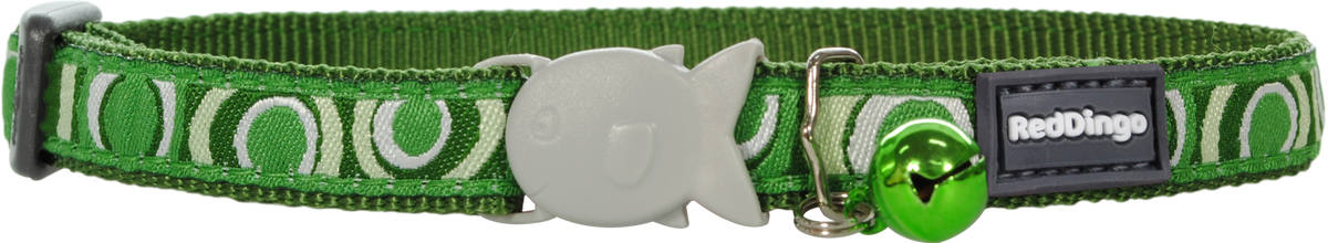 Red Dingo designer cat safety collar, green patterned strap with buckle and bell