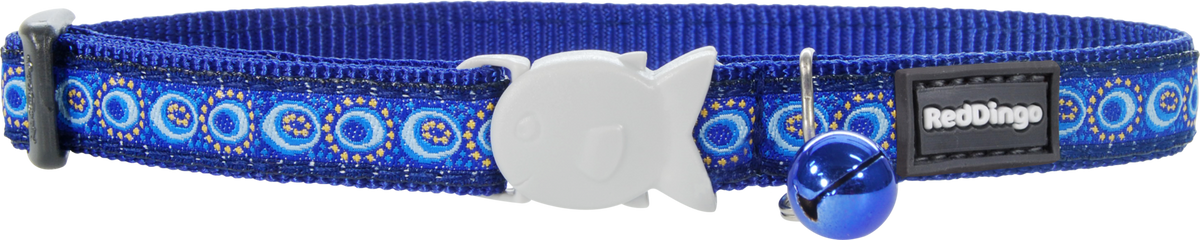 Dark blue cosmos-pattern cat safety collar with white safety buckle and Red Dingo logo