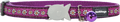 Purple designer cat safety collar with daisy print, gray clasp, and purple bell