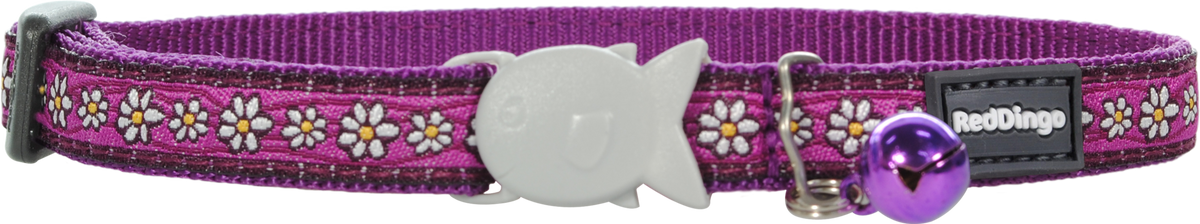 Purple designer cat safety collar with daisy print, gray clasp, and purple bell