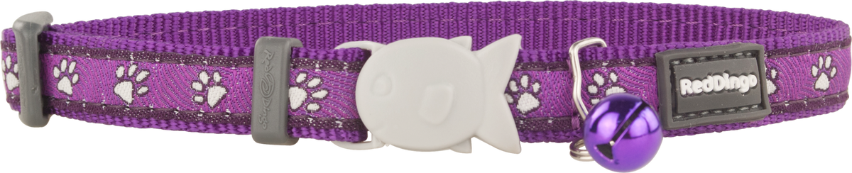 Purple cat safety collar with paw print pattern, molded cat emblem and bell charm