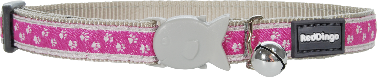 Pink cat safety collar with kitty print pattern, gray buckle and Red Dingo logo tag