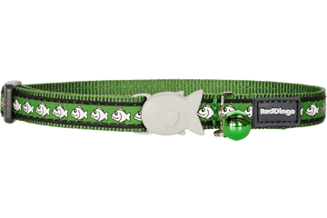 Green reflective cat safety collar with Red Dingo logo, fish pattern and adjustable buckle