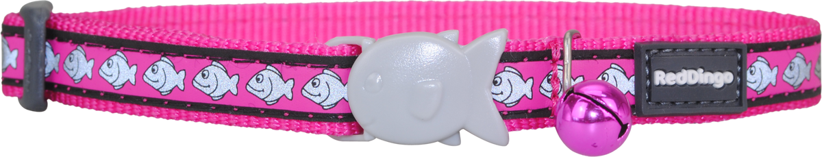 Reflective cat safety collar in hot pink with fish-shaped charm and buckle