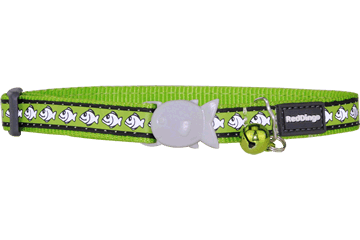 Red Dingo reflective cat safety collar, lime green with fish charm and cat pattern