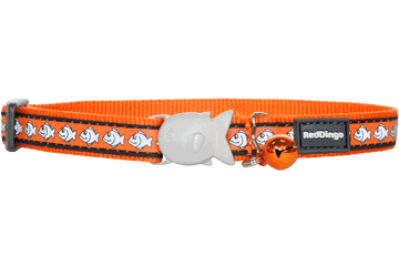 Red Dingo reflective cat safety collar, orange with fish pattern and buckle detail