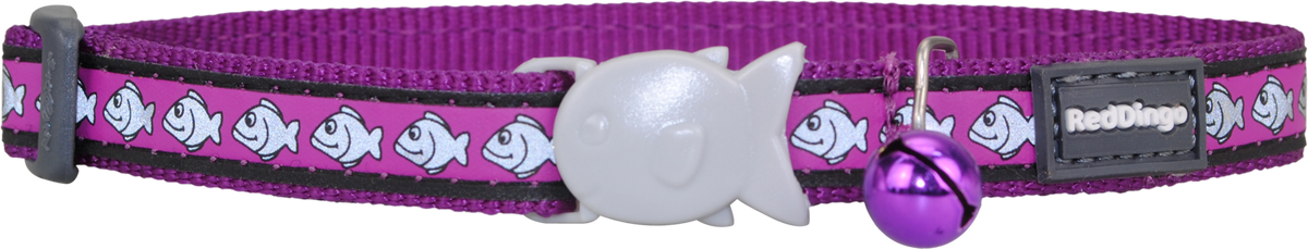Red Dingo reflective cat safety collar, purple with fish pattern and cat-shaped reflective badge