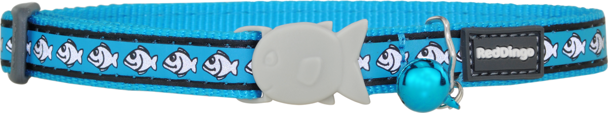 Turquoise reflective cat safety collar with fish print, snap buckle, and logo patch