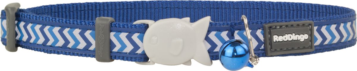 Dark blue reflective cat safety collar with zigzag pattern, heart tag, and blue bell
