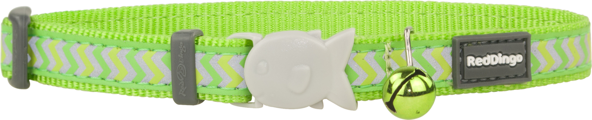 Lime green reflective cat safety collar with heart-shaped buckle and bell
