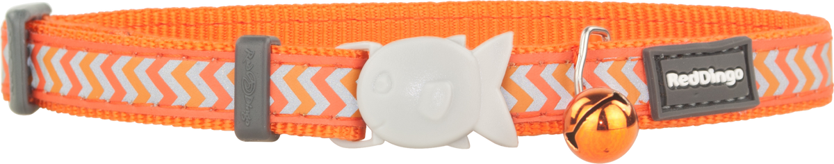 Orange reflective cat safety collar with zigzag pattern, bell and light tag