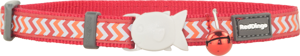Red Dingo reflective cat safety collar in red with zigzag pattern, buckle, bell charm