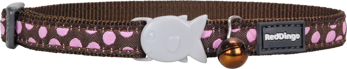 Brown cat safety collar with pink polka dots, bell charm and Red Dingo label